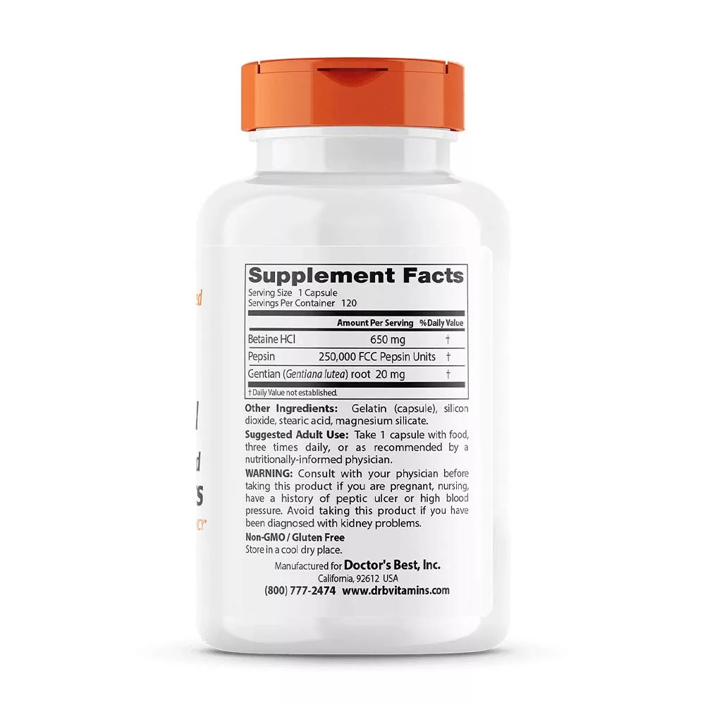 Doctor's Best Betaine HCL Pepsin & Gentian Bitters (120 Capsules)