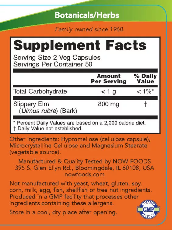 Now Foods Slippery Elm 400 mg (100 Veg Capsules)